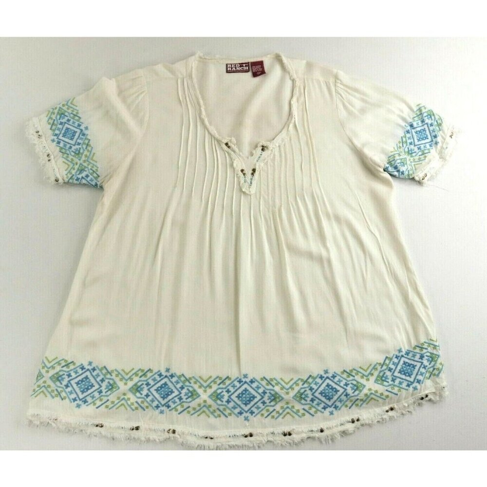Red Ranch Cream Short Sleeve Blue Embroidered Peasant Blouse Top Womens Medium